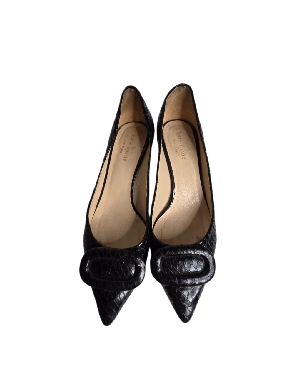 Kate Spade Lizard Black Embossed Pointed Toe Size 7.5 Kitten Heel Pumps Classy